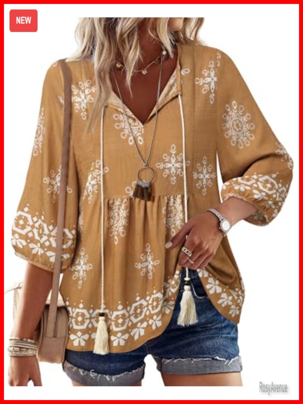 Women's Boho Babydoll Top 3/4 Lantern Sleeve Pleated Peplum V-Neck Tunic Blouse